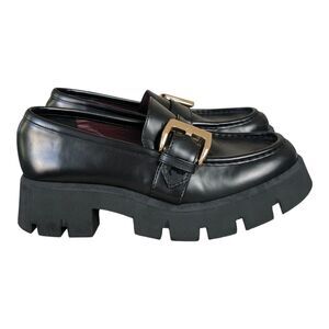 ZARA Black Chunky Lug Sole Grunge Goth Gold‎ Buckle Loafers Sz 8.5